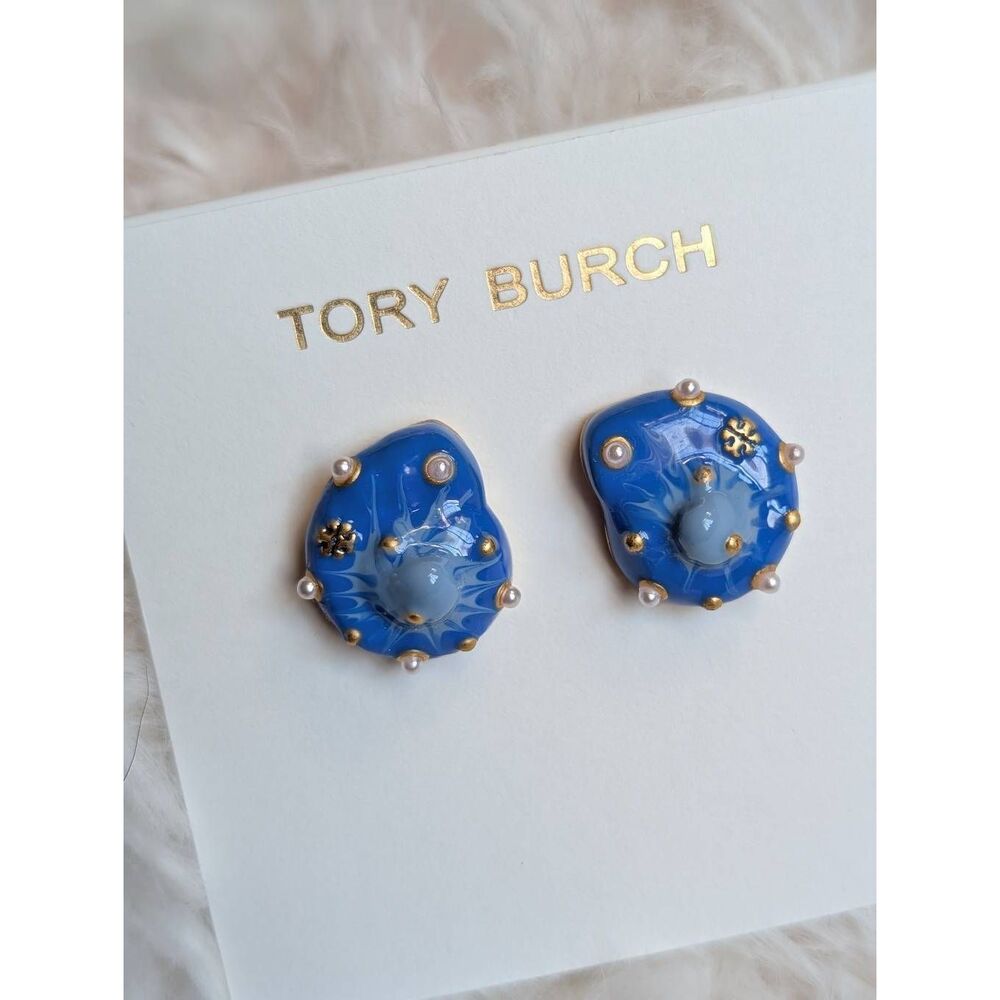TORY BURCH Enamel Blue Sea Shell Pearl and Mini Logo Stud Earrings
